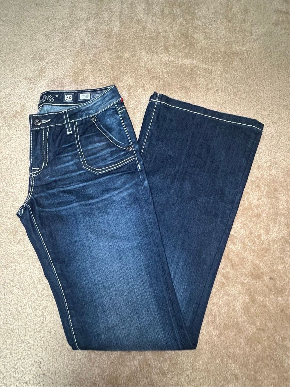 Miss Me Women’s Dark Wash Flare Jeans Size 30 JS5485F Thick White Stitch Flap Po